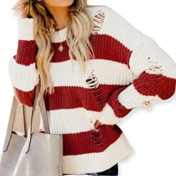 POL Distressed Chenille Striped Crew Neck Sweater Size L W10 - Picture 1 of 7